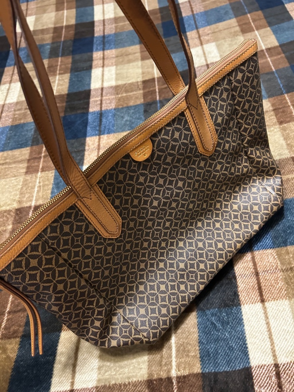 Fossil Brown Patterned Tote with Tan Trim